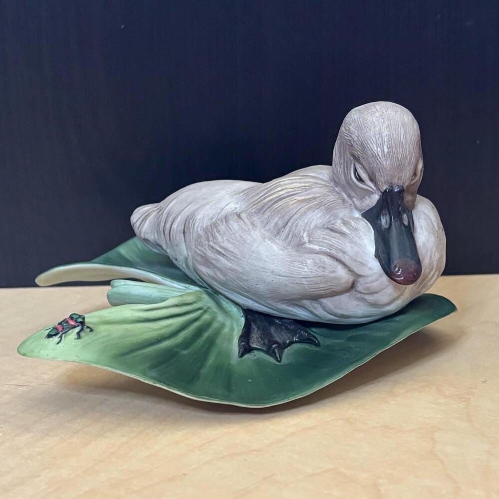 Boehm Porcelain Cygnet Figurine, Hand Painted Baby Swan Lily Pad, Mid Century
